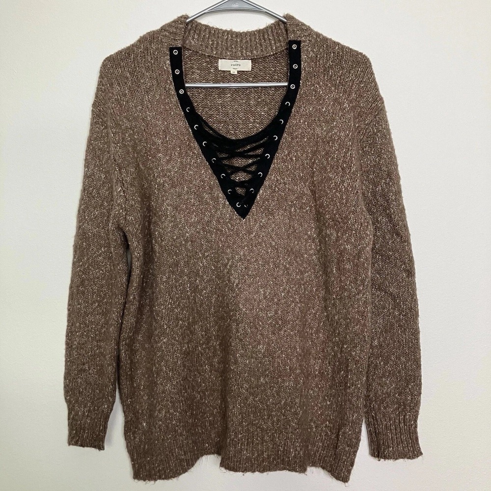Entro Anthro M Brown Sweater Black Lace Up V-neck Cozycore Whimsigoth Academia‎
